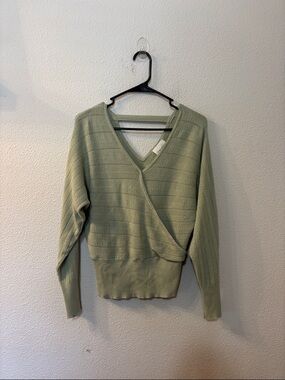 Pink Rose Sage Green V-Neck Wrap Sweater - Women